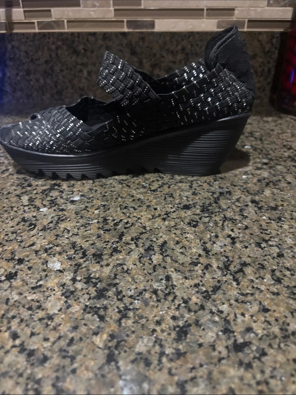 bernie mev. Black & Silver Woven Wedge Sandals
